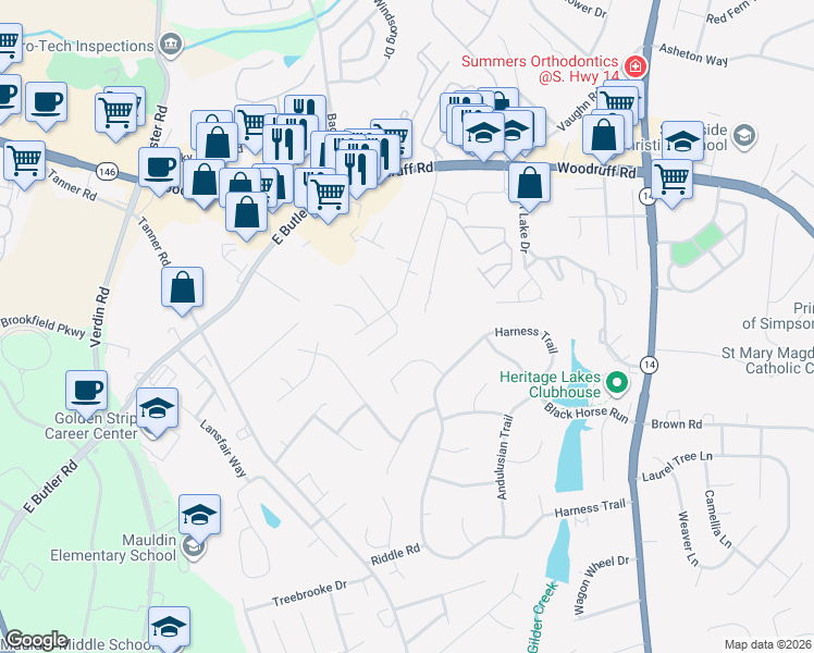 map of restaurants, bars, coffee shops, grocery stores, and more near 7 Kershaw Court in Greenville
