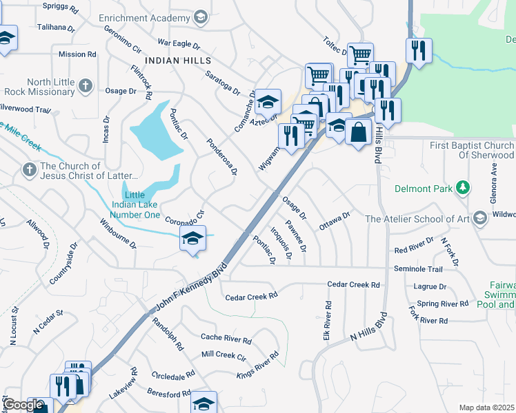 map of restaurants, bars, coffee shops, grocery stores, and more near 6530 Corsica Drive in North Little Rock