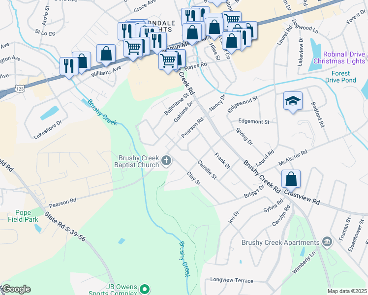 map of restaurants, bars, coffee shops, grocery stores, and more near 103 Camille Street in Easley