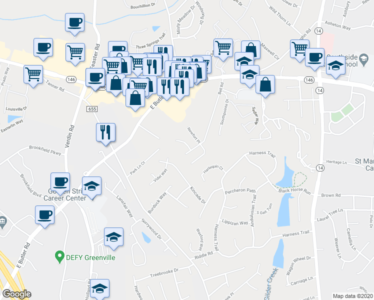map of restaurants, bars, coffee shops, grocery stores, and more near 301 Saint Helena Court in Greenville