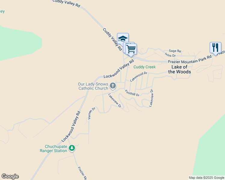 map of restaurants, bars, coffee shops, grocery stores, and more near 7115 Lakewood Drive in Frazier Park