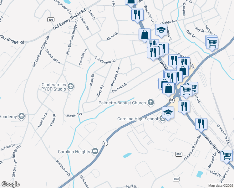 map of restaurants, bars, coffee shops, grocery stores, and more near 56 Maxie Avenue in Greenville