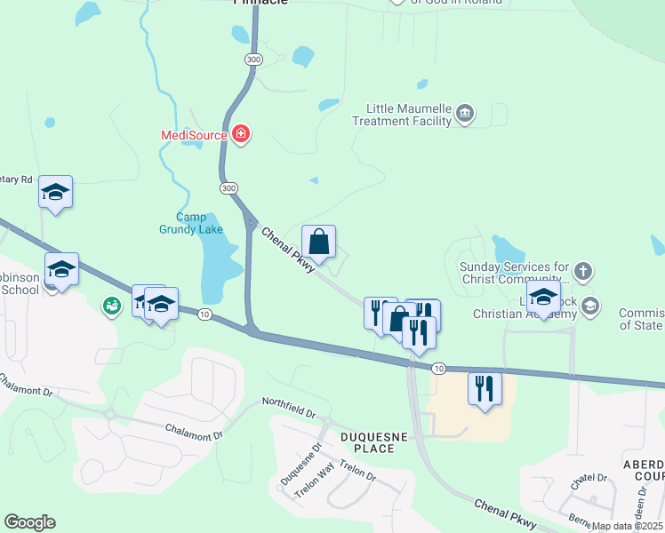map of restaurants, bars, coffee shops, grocery stores, and more near 24800 Chenal Parkway in Little Rock