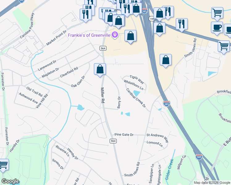 map of restaurants, bars, coffee shops, grocery stores, and more near 124 Berry Drive in Greenville