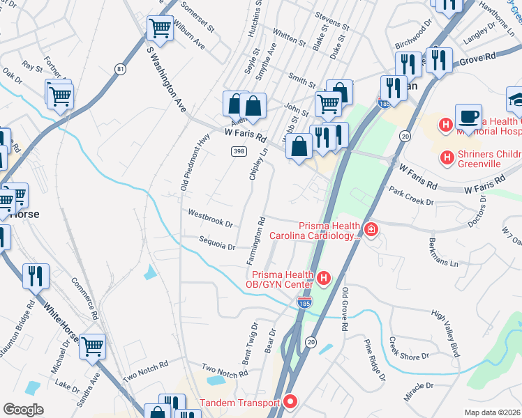 map of restaurants, bars, coffee shops, grocery stores, and more near 125 Chipley Lane in Greenville