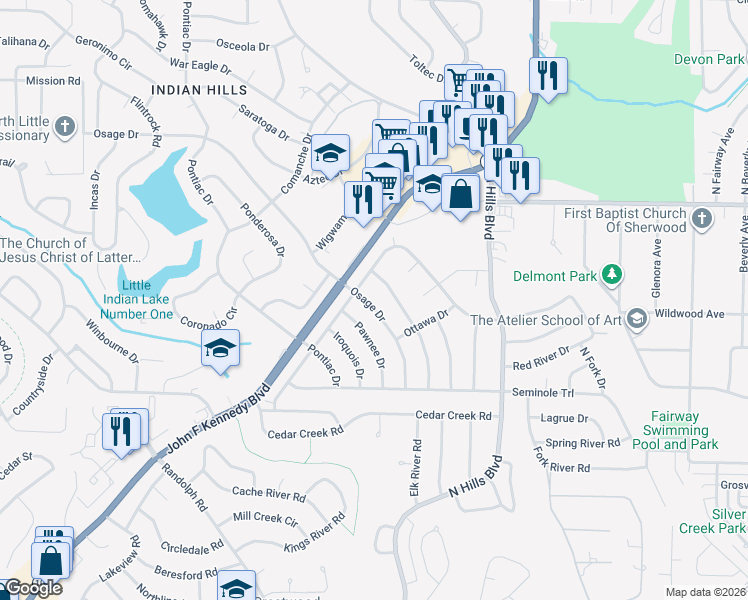 map of restaurants, bars, coffee shops, grocery stores, and more near 6508 Osage Drive in North Little Rock