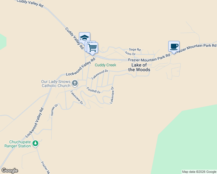 map of restaurants, bars, coffee shops, grocery stores, and more near 6816 Frazier Road in Frazier Park