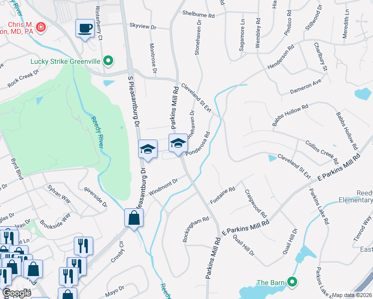 map of restaurants, bars, coffee shops, grocery stores, and more near 42 Ponderosa Road in Greenville