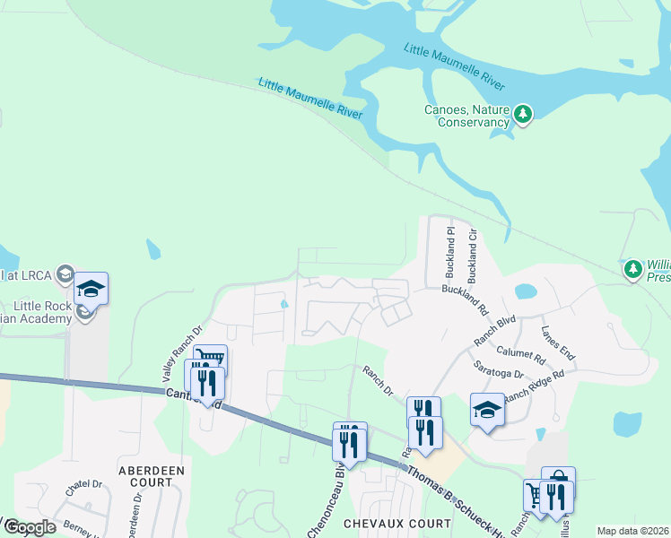 map of restaurants, bars, coffee shops, grocery stores, and more near 30 Ayla Drive in Little Rock