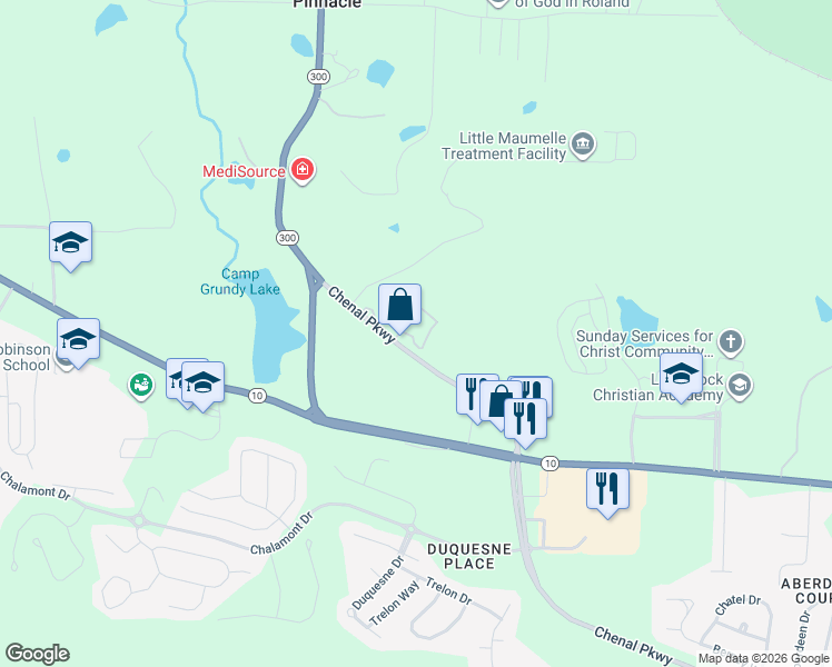 map of restaurants, bars, coffee shops, grocery stores, and more near 24800 Chenal Parkway in Little Rock