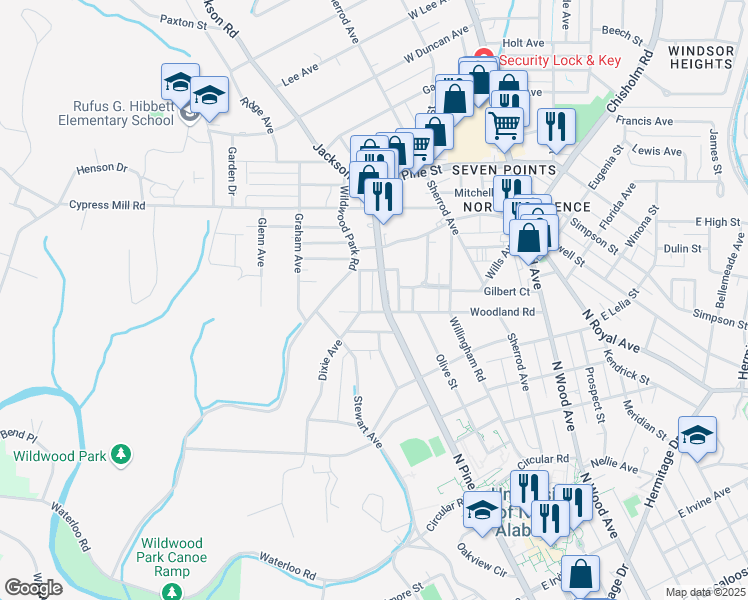 map of restaurants, bars, coffee shops, grocery stores, and more near 1105 North Pine Street in Florence