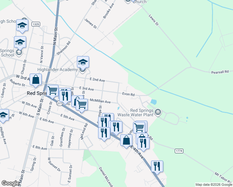 map of restaurants, bars, coffee shops, grocery stores, and more near 512 E 3rd Ave in Red Springs