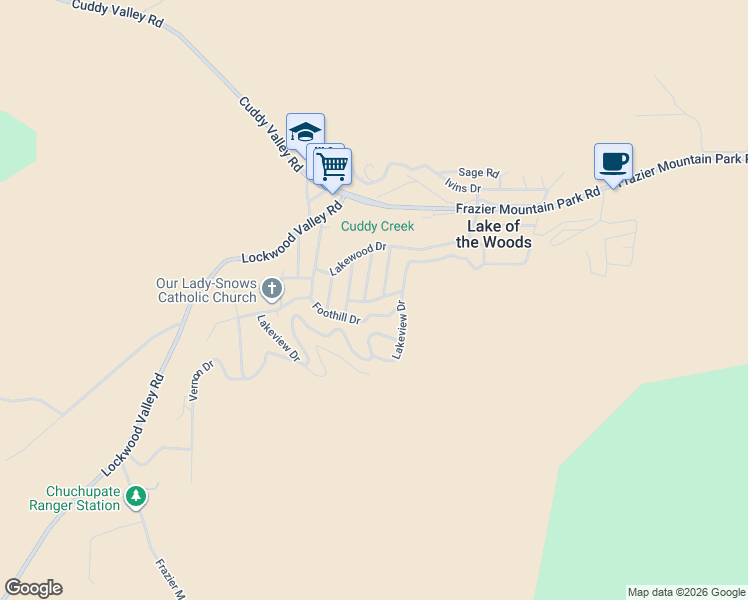 map of restaurants, bars, coffee shops, grocery stores, and more near 6816 Frazier Road in Frazier Park