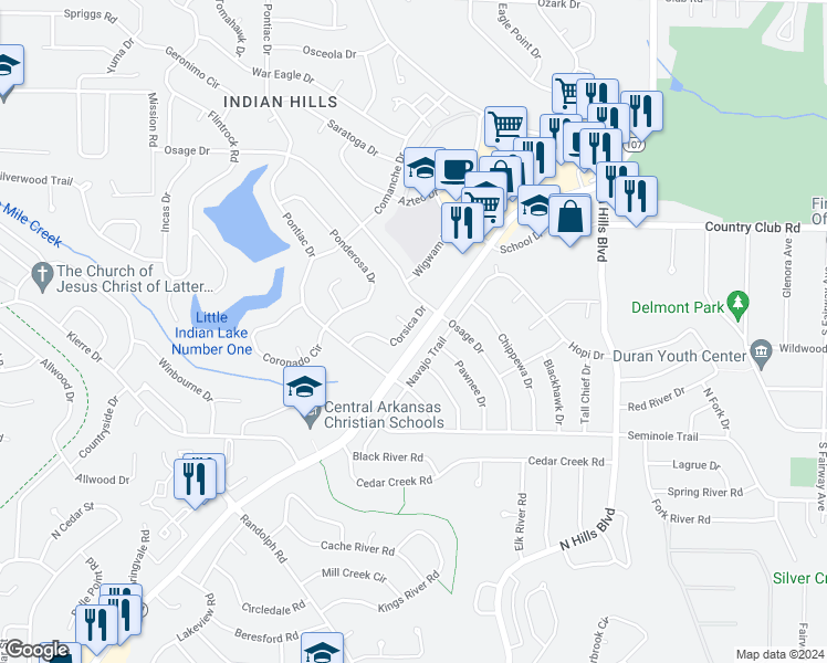 map of restaurants, bars, coffee shops, grocery stores, and more near 6600 Corsica Drive in North Little Rock