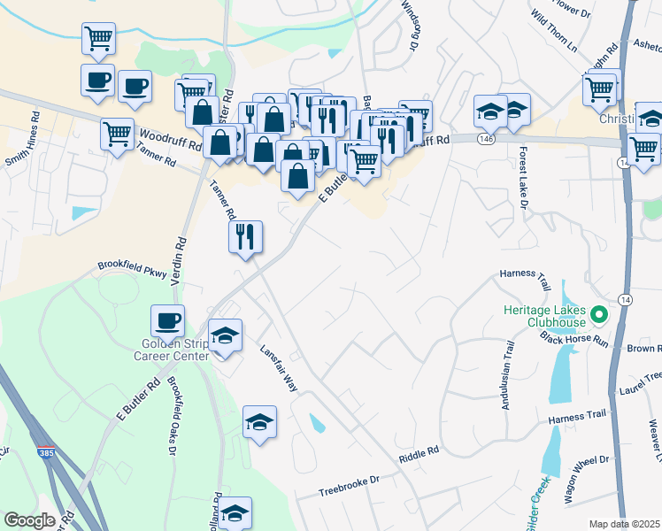map of restaurants, bars, coffee shops, grocery stores, and more near 119 Park Lane Court in Greenville