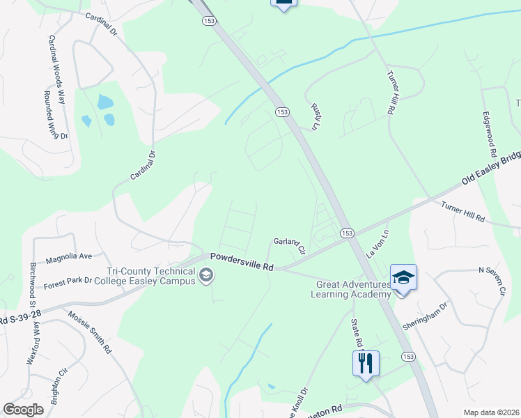 map of restaurants, bars, coffee shops, grocery stores, and more near 117 Garland Circle in Easley