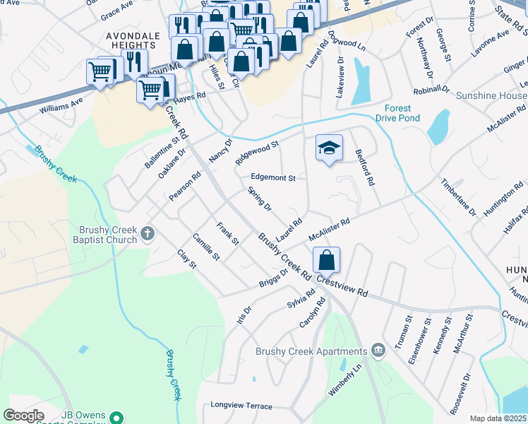 map of restaurants, bars, coffee shops, grocery stores, and more near 206 Spring Drive in Easley