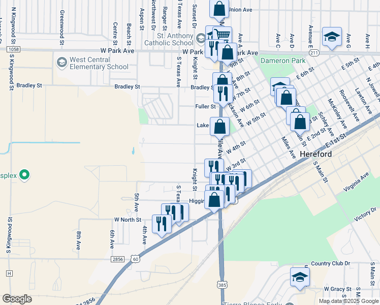 map of restaurants, bars, coffee shops, grocery stores, and more near 401-499 Knight Street in Hereford