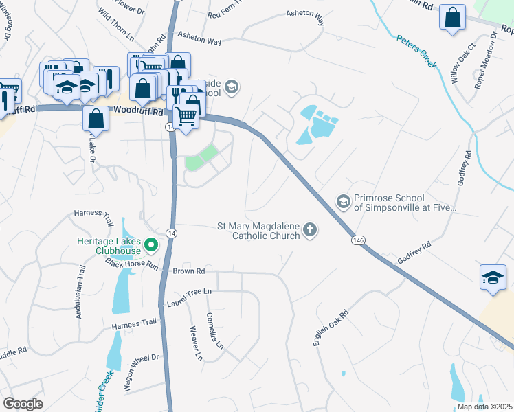 map of restaurants, bars, coffee shops, grocery stores, and more near 405 Litchfield Trail in Simpsonville
