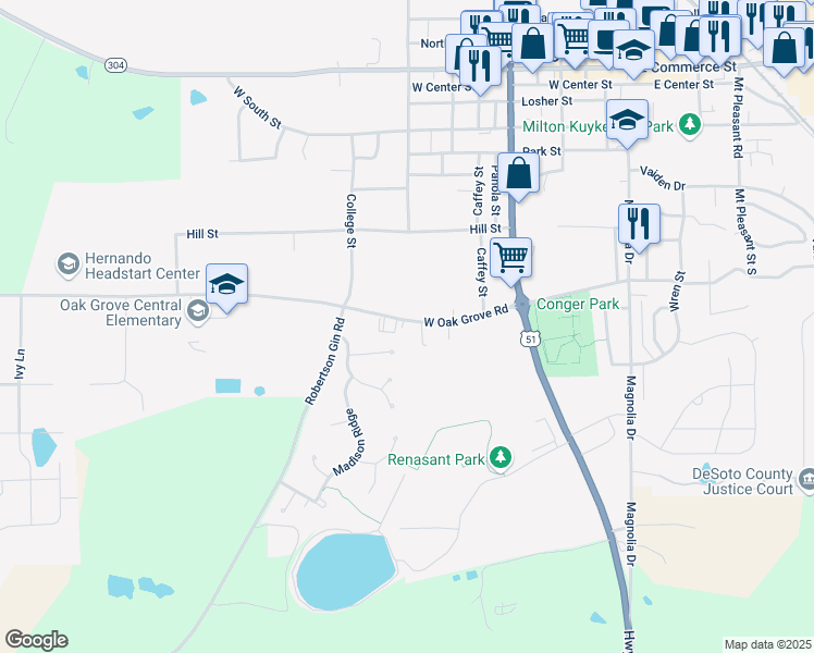 map of restaurants, bars, coffee shops, grocery stores, and more near 530 Walkers Way in Hernando