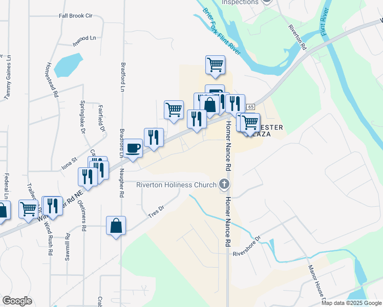 map of restaurants, bars, coffee shops, grocery stores, and more near 2150 Winchester Road Northeast in Huntsville