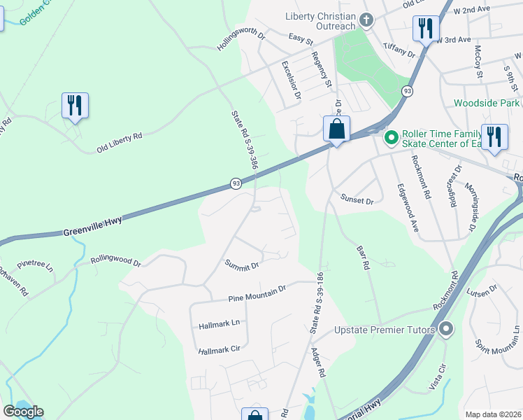 map of restaurants, bars, coffee shops, grocery stores, and more near 140 Maple Way in Easley