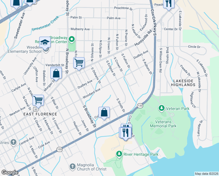 map of restaurants, bars, coffee shops, grocery stores, and more near 200-400 South Smith Street in Florence