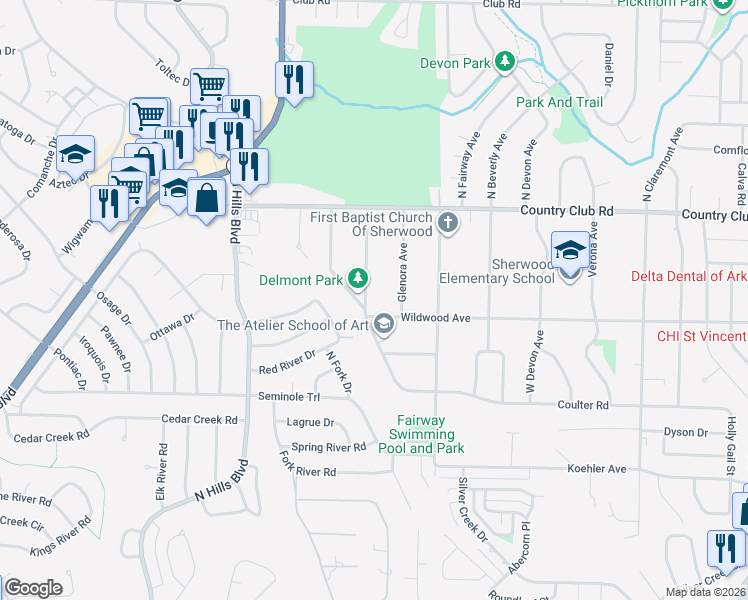 map of restaurants, bars, coffee shops, grocery stores, and more near 404 Delmont Avenue in Sherwood
