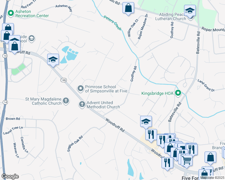 map of restaurants, bars, coffee shops, grocery stores, and more near 106 Fernbank Court in Simpsonville