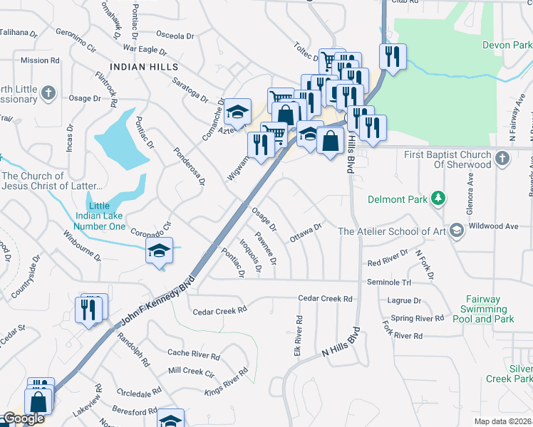 map of restaurants, bars, coffee shops, grocery stores, and more near 6504 Osage Drive in North Little Rock