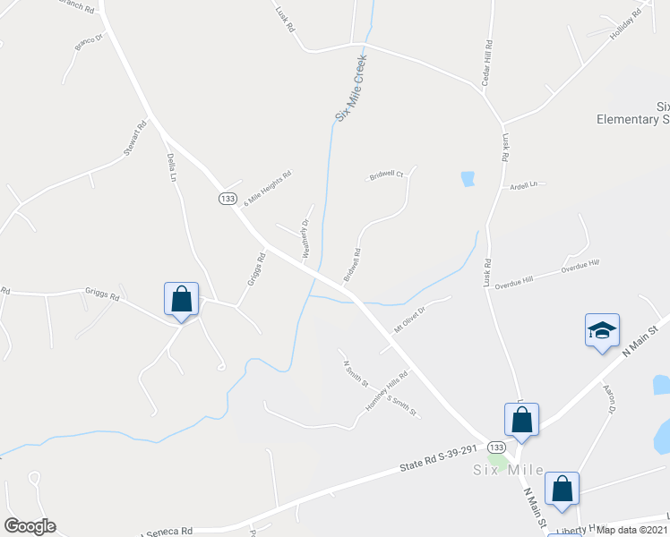 map of restaurants, bars, coffee shops, grocery stores, and more near 105 Bridwell Road in Six Mile