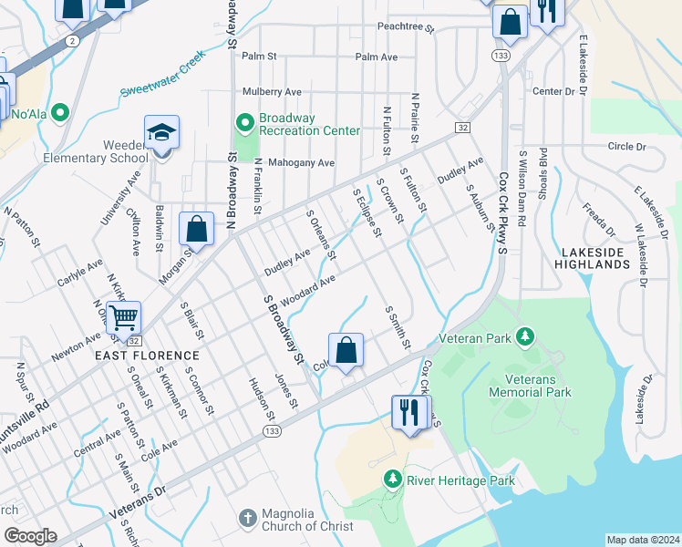 map of restaurants, bars, coffee shops, grocery stores, and more near 3501 Woodard Avenue in Florence