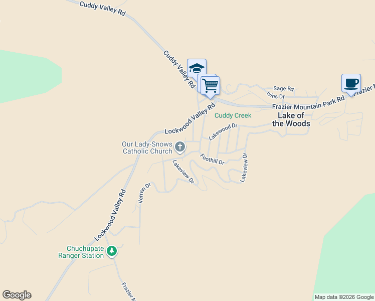 map of restaurants, bars, coffee shops, grocery stores, and more near 140 Crable Street in Frazier Park