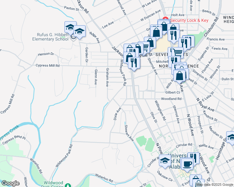 map of restaurants, bars, coffee shops, grocery stores, and more near 1145 Wildwood Park Road in Florence