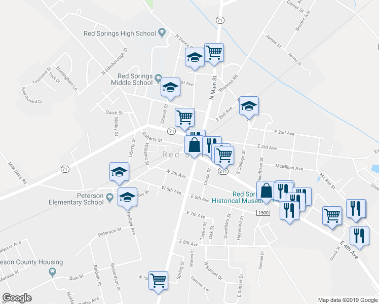 map of restaurants, bars, coffee shops, grocery stores, and more near 112 4th Avenue in Red Springs