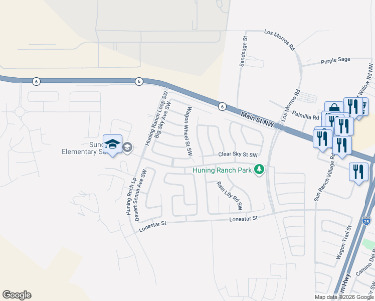 map of restaurants, bars, coffee shops, grocery stores, and more near 3331 Wagon Wheel Street Southwest in Los Lunas