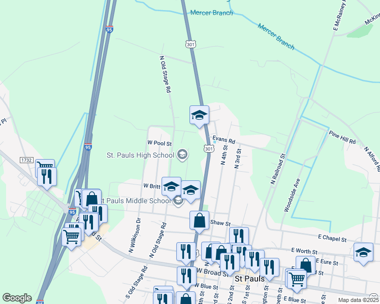 map of restaurants, bars, coffee shops, grocery stores, and more near 648 North Old Stage Road in Saint Pauls