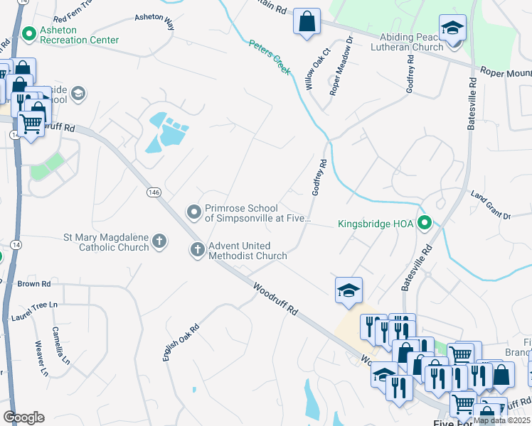 map of restaurants, bars, coffee shops, grocery stores, and more near 106 Fernbank Court in Simpsonville