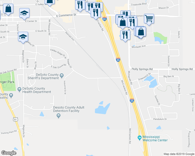 map of restaurants, bars, coffee shops, grocery stores, and more near 516 Vaiden Drive in Hernando