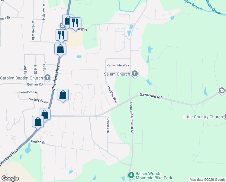 map of restaurants, bars, coffee shops, grocery stores, and more near 1417 Heather Way in Dalton