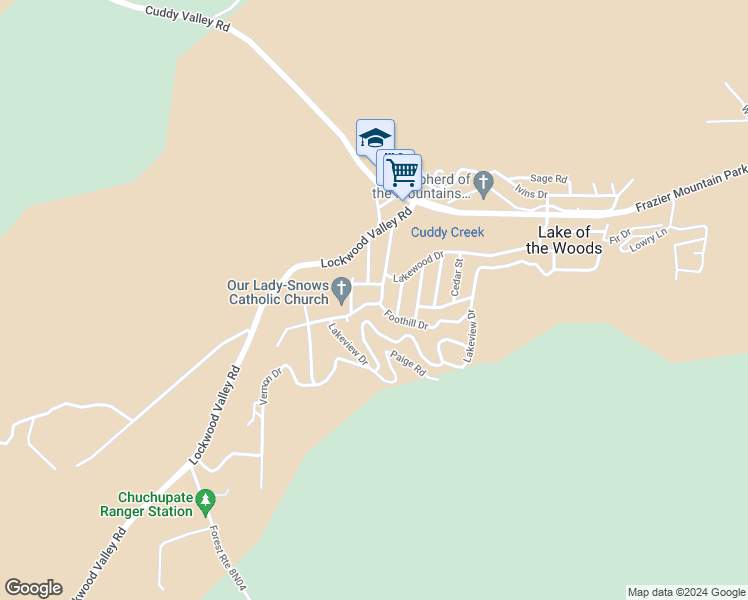 map of restaurants, bars, coffee shops, grocery stores, and more near 201 Lakewood Drive in Frazier Park