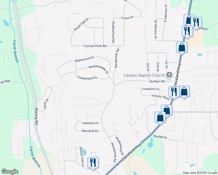 map of restaurants, bars, coffee shops, grocery stores, and more near 435 Westbrook Road in Dalton