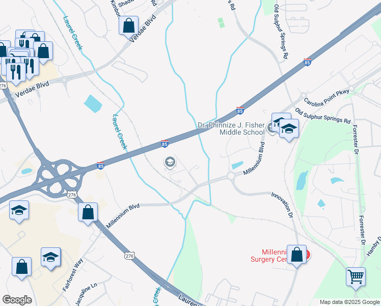 map of restaurants, bars, coffee shops, grocery stores, and more near 5 Research Drive in Greenville