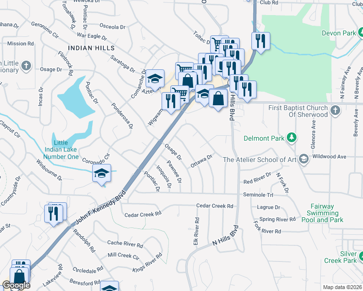map of restaurants, bars, coffee shops, grocery stores, and more near 6504 Osage Drive in North Little Rock