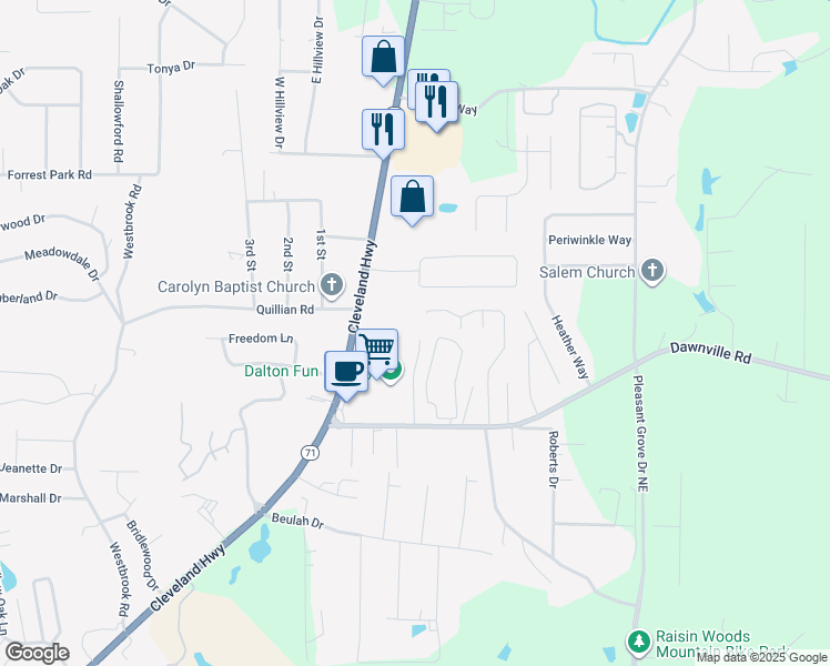 map of restaurants, bars, coffee shops, grocery stores, and more near 1453 Classic Chase Drive in Dalton