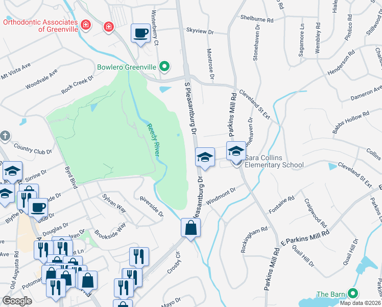 map of restaurants, bars, coffee shops, grocery stores, and more near 23 Parkins Glen Court in Greenville