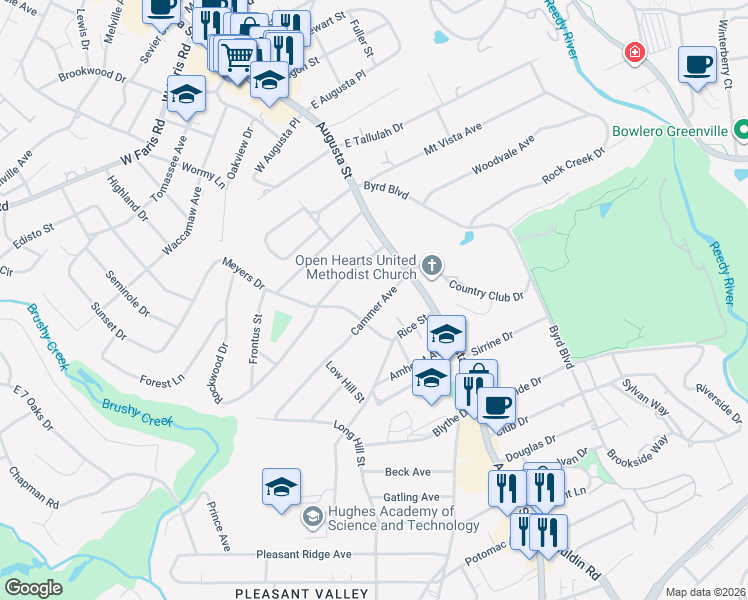 map of restaurants, bars, coffee shops, grocery stores, and more near 519 Meyers Drive in Greenville