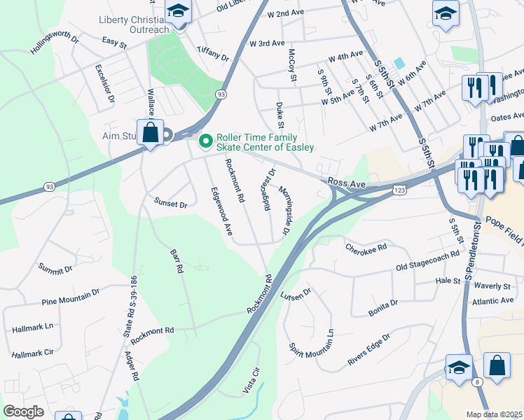 map of restaurants, bars, coffee shops, grocery stores, and more near 123 Rockmont Road in Easley