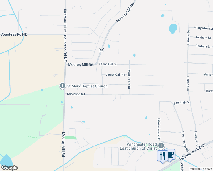 map of restaurants, bars, coffee shops, grocery stores, and more near 131 Oakcrest Road in Huntsville