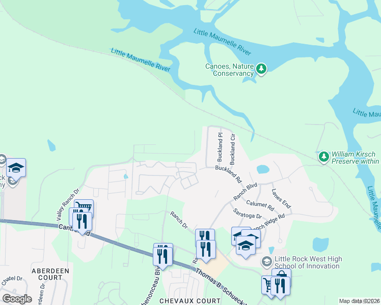 map of restaurants, bars, coffee shops, grocery stores, and more near 2 Farrah Lane in Little Rock